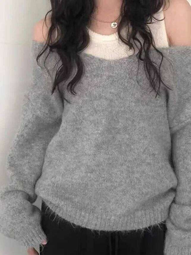 Korean Fashion 2025 Autumn Knitted Sweater Women Casual Y2k Clothing Slim Sexy Off-shoulder Pullover American Vintage Jumpers Z260314