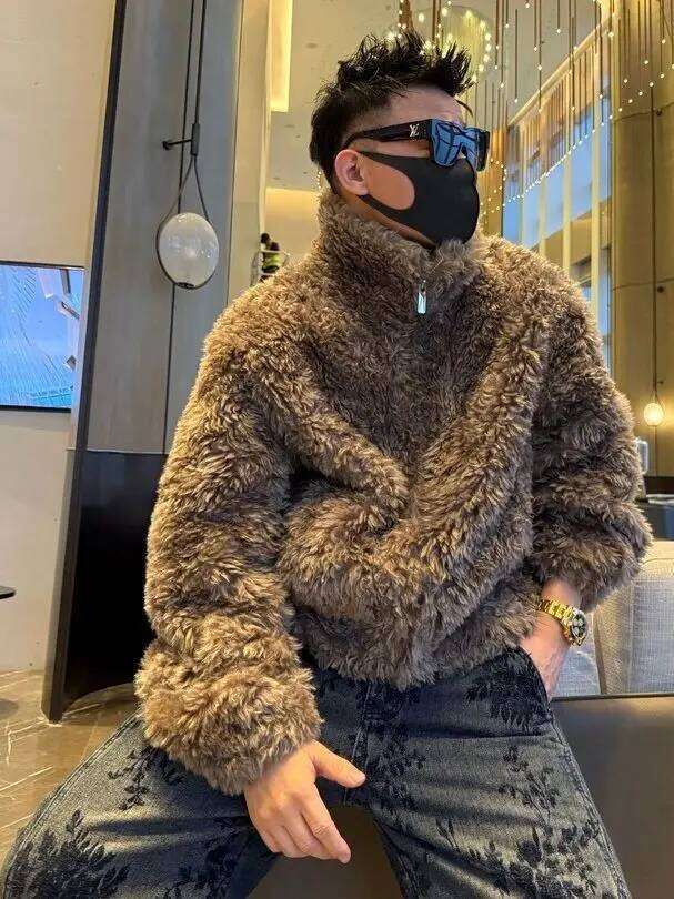 Men's Trendy Padded Warm Jacket 2025 Winter New Stylish Coats Male Handsome Long Sleeve Solid Color Chic Faux Fur Z260313