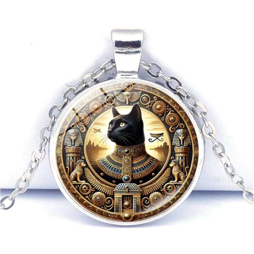 Ancient Egyptian Geometry Circle Buster Cat Time Gemstone Pendant Necklace for Women Retro Sweater Chain Animal Creative Jewelry H260312