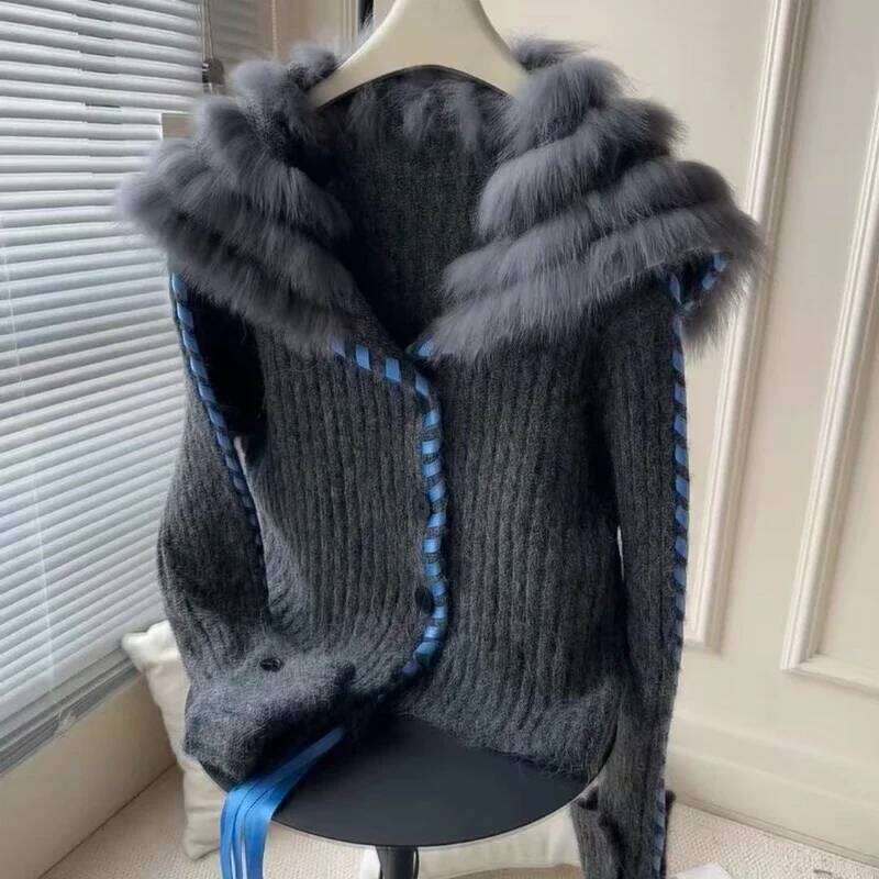 Fur Patchwork Turn Down Collar Cardigan Coat Autumn Clothing Fashion Korean Knitted Sweater Y2k Single Breasted Tops Pull Femme Z260313
