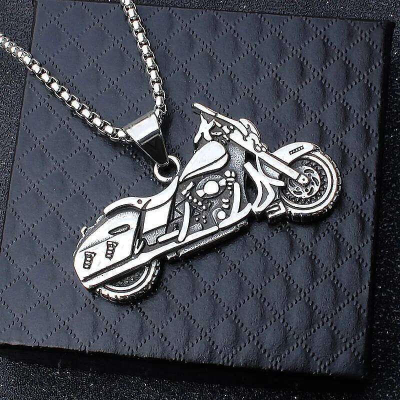 Hip-hop Motorcycle Pendant Necklace For Men Silver Color Stainless Steel Box Chain Cool Punk Fashion Neck Jewlery Party Gifts H260312