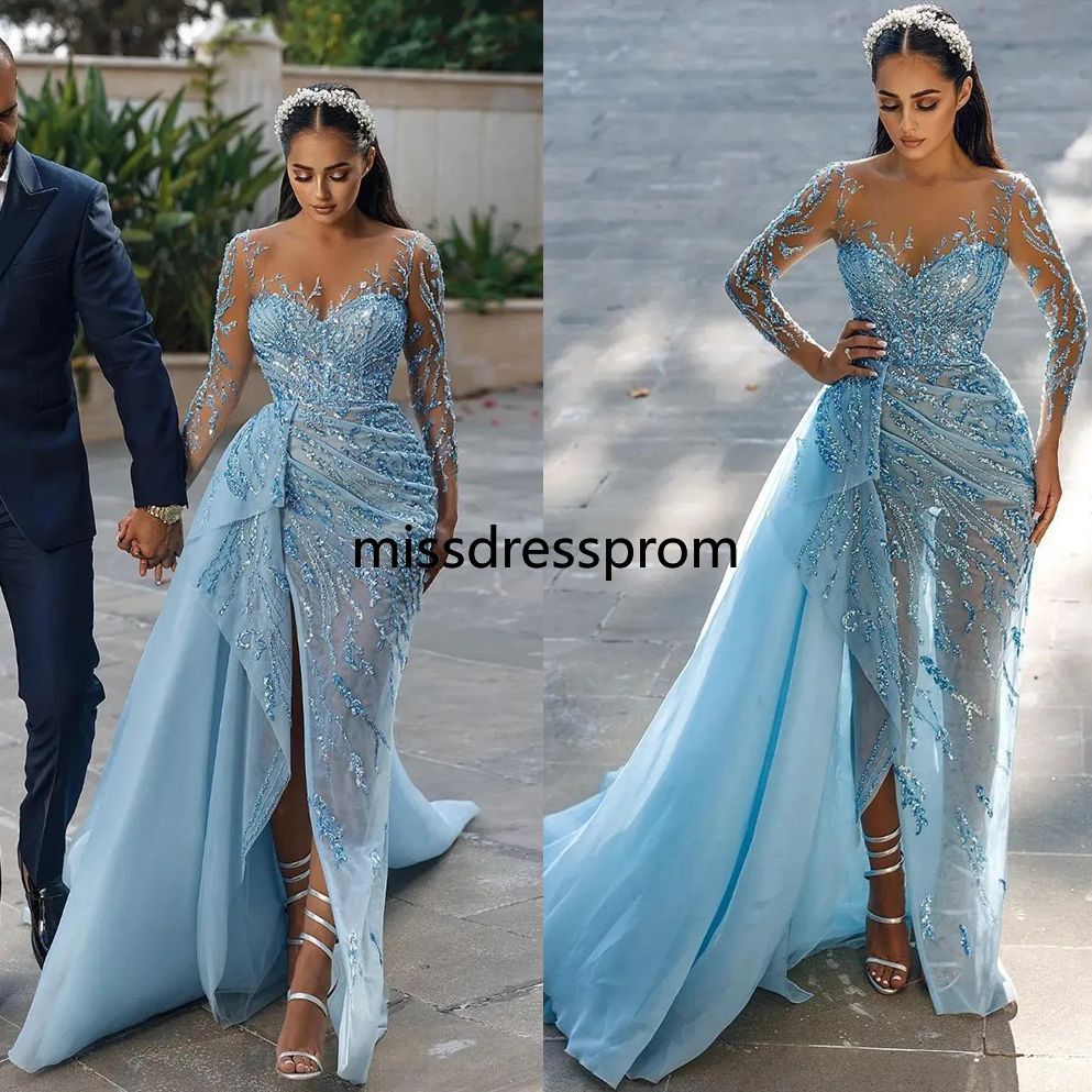 Sky Blue Beaded 2026 Prom Dresses Scoop Neck Long Sleeves Sequins Sweep Train Side Slit Custom Made Ruched Evening Party Gowns Vestidos Formal Ocn Wea
