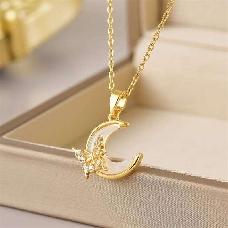 Exquisite Micro Inlaid Zircon Tassel Necklace For Women Stainless Steel Moon Butterfly Flower Clavicle Choker Jewelry H260312