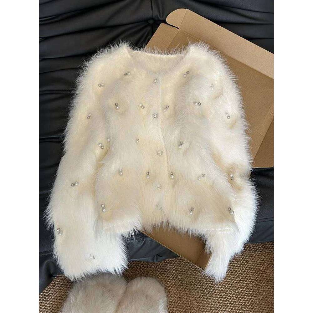 Chic Pearls White Cardigan Sweaters Women Elegant Sweet Faux Mink Cashmere Coats Korean Long Sleeve Fashion Knitted Tops Z260313