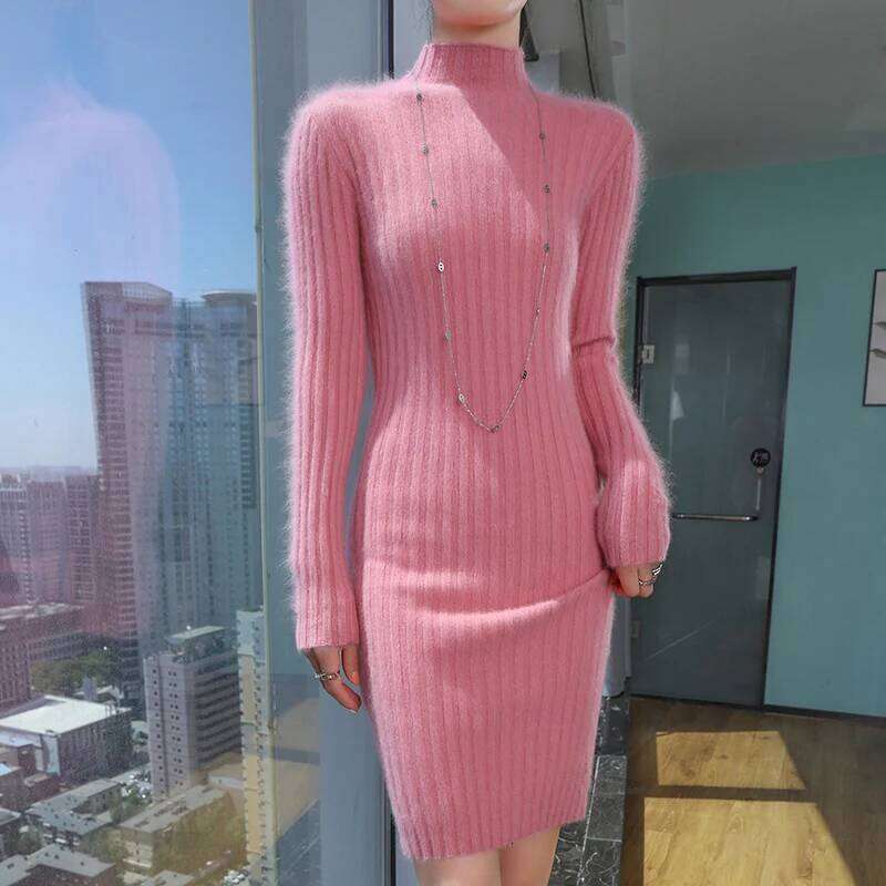 Autumn winter mink fur sweater, women's semi high neck slim fit dress, mid length pullover, Korean version knitted base sweater Z260313