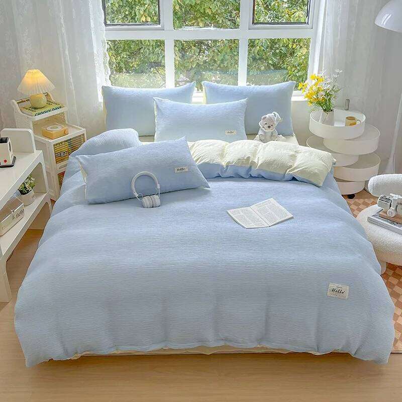 2025 new Zouzou yarn washed cotton color matching bed sheet four-piece set, student dormitory home three-piece set H260312 - view 4