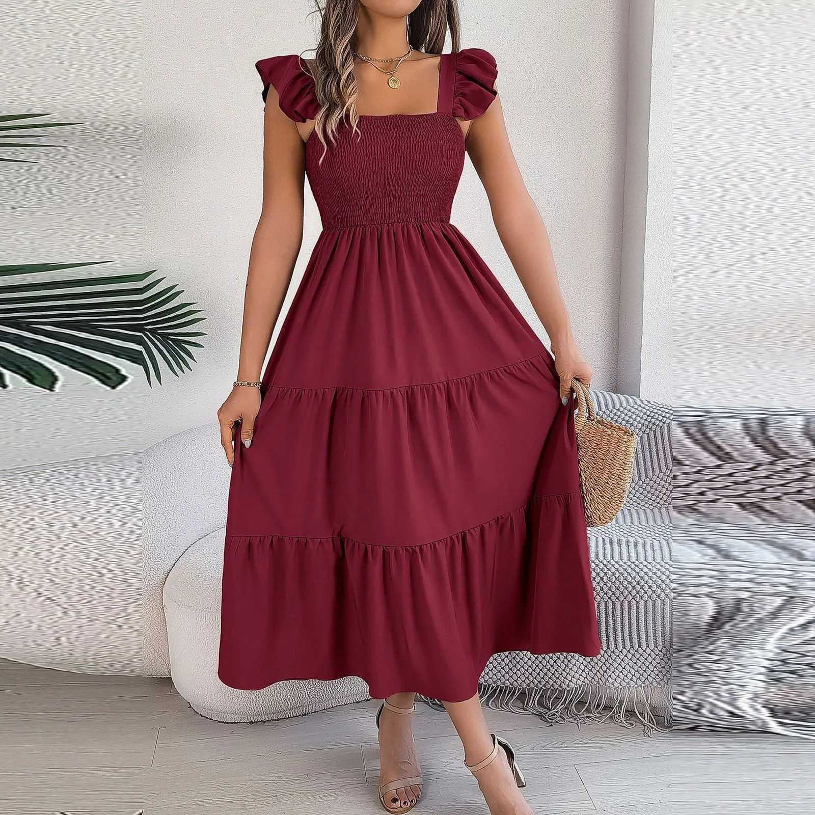 2024 Summer Solid Tank Long Dress For Women Square Collar Sleeveless A-Line Maxi Dress Backless Slim Waist Pleated Beach DressesT260316