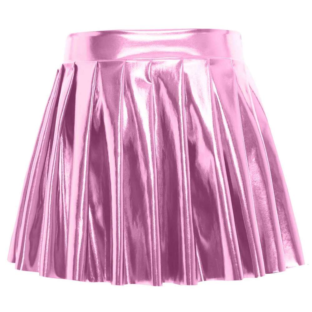 Womens Metallic Shiny Pleated Short High Waist Side Zipper Ruched Holographic A-line Mini Skirt Disco Rave Party Costume Z260314