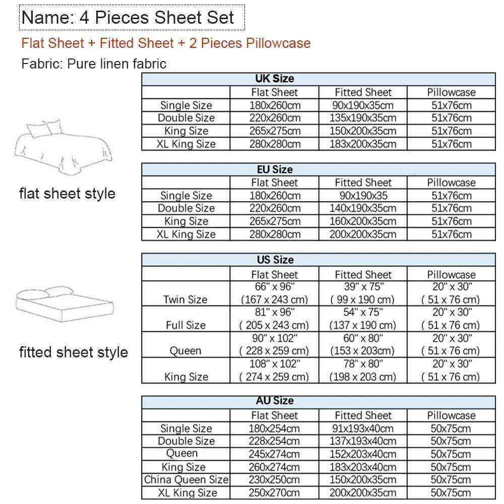 Bed 4 Piece 100% Pure Linen Flat 1 Deep Pocket Fitted Sheet 2 Pillowcases Flax Sheets Bedding Set H260312 - view 7