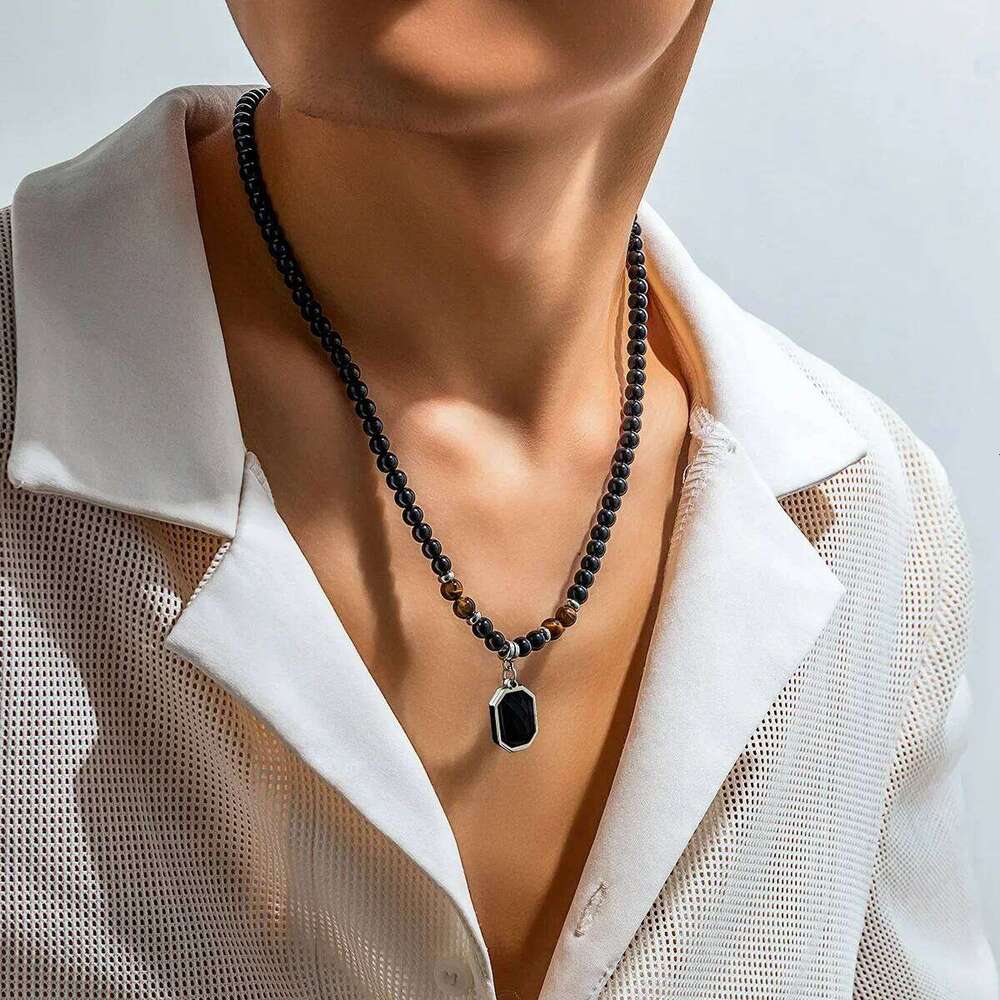 Natural Black Tiger Stone Colorful Beaded Pendant for Men's Trend Hip Hop Niche Collarbone Chain Necklace Paty Jewelry H260312
