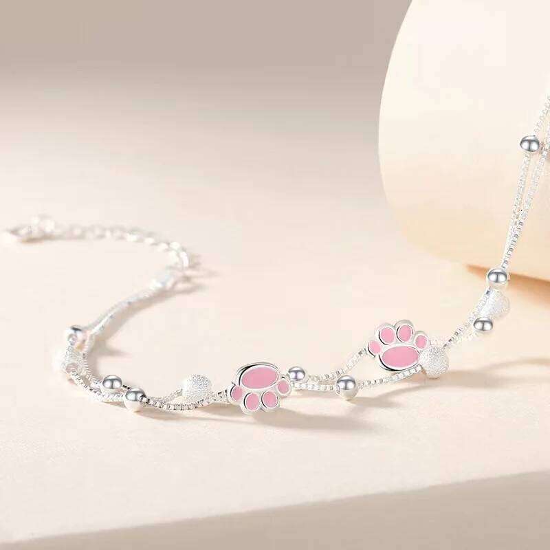 S925 Sterling Silver Bracelets Cute Sweet Pink Cat Claw Adjustable Bracelet for Women Girls Engagement Party Trendy Jewelry Gift Z260313