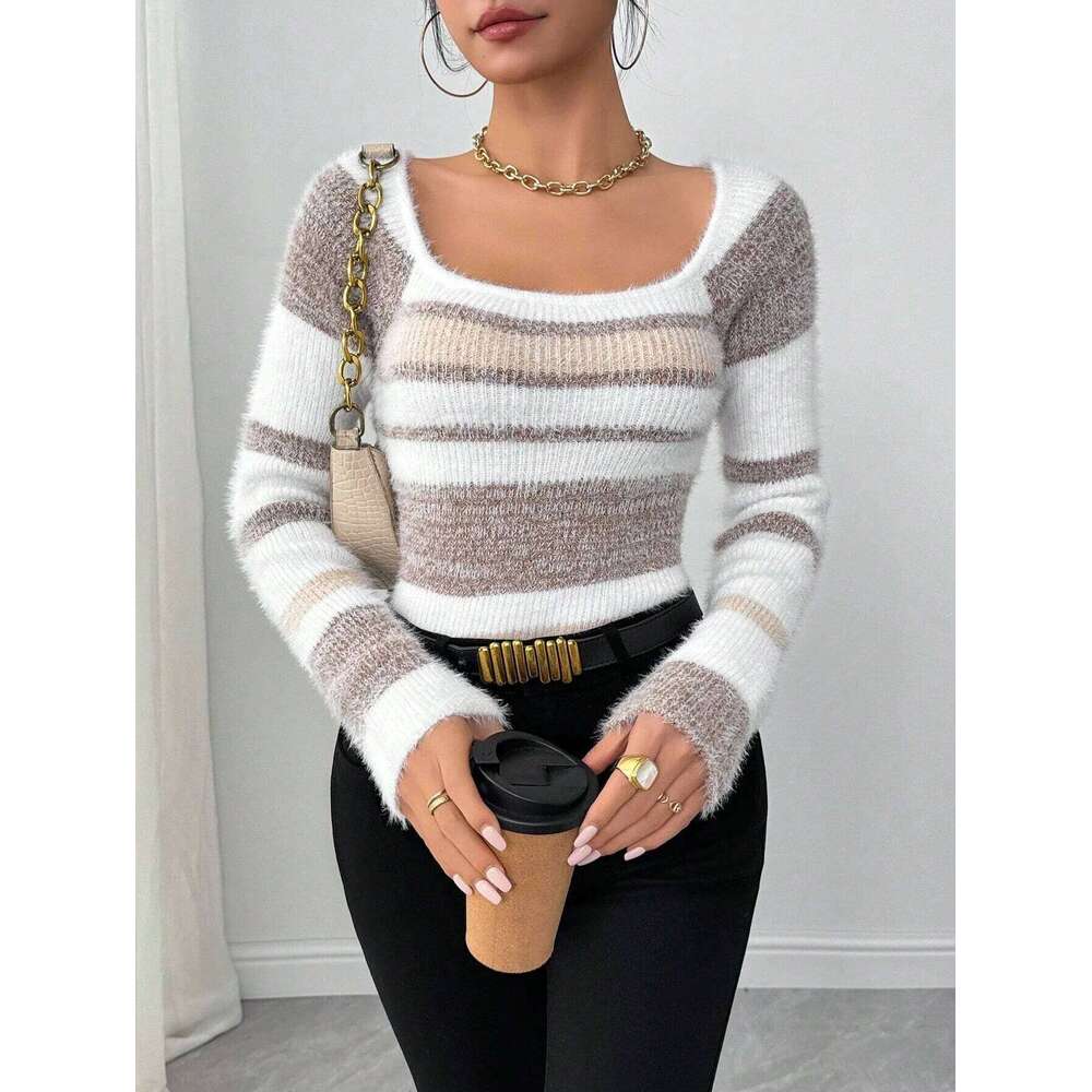 Sweater Pullover Women Knitted Top Stripe Print Square Collar Knitwear Autumn Winter 2025 Streetwear Vintage Knitting Jumpers Z260313