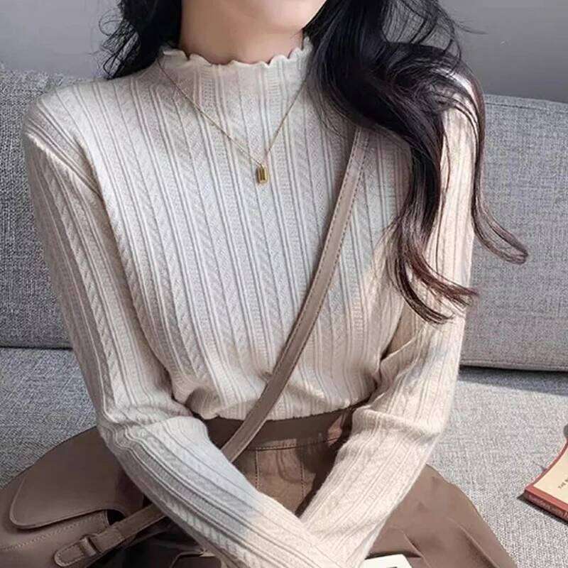 2025 Autumn Winter Long Sleeve Women Mock Neck Sweater Casual Knitted Pullover Korean Fashion Slim Ladies Warm Tops Z260314