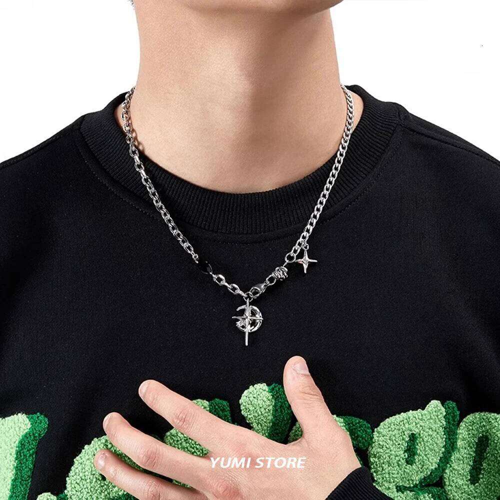 Hip Hop Moon Star Pendant Necklace For Men Women Titanium Steel Spliced Sweater Chain Kpop Unisex Jewelry Street Punk Accessorie H260312