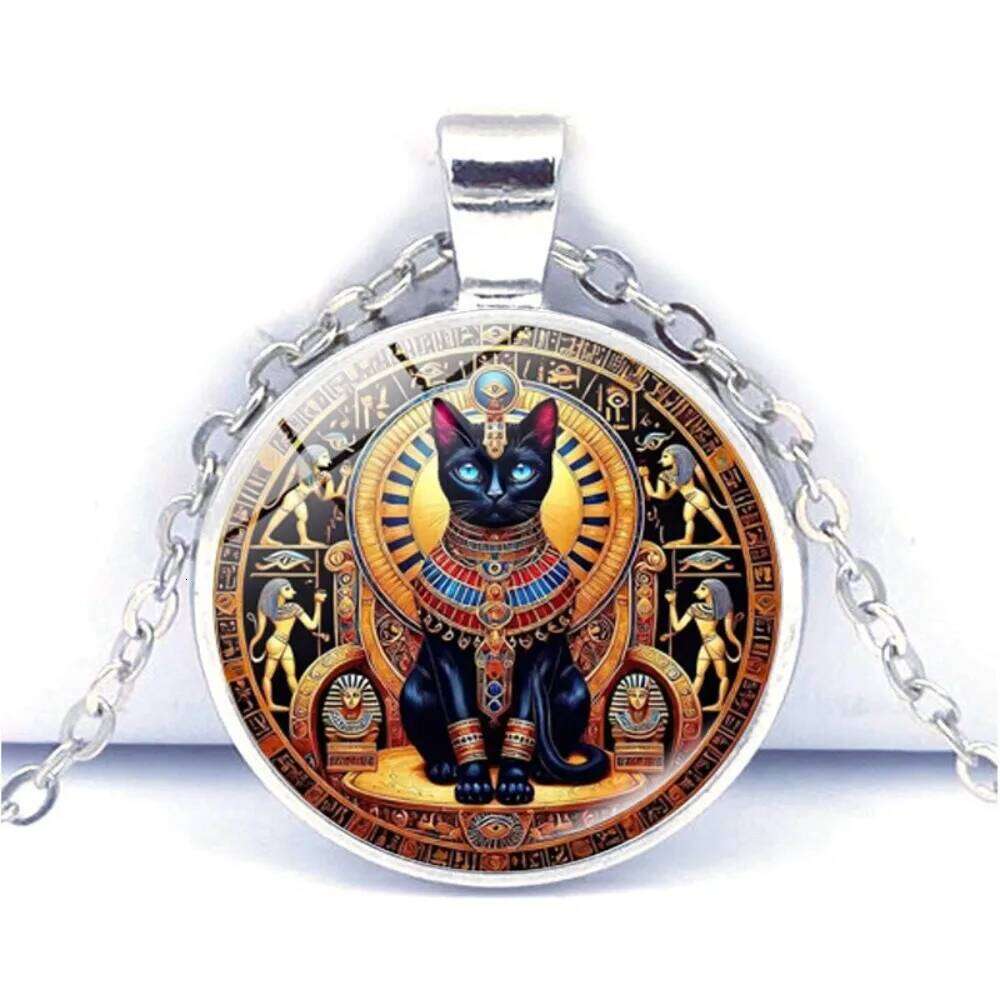 Ancient Egyptian Geometry Circle Buster Cat Time Gemstone Pendant Necklace for Women Retro Sweater Chain Animal Creative Jewelry H260312