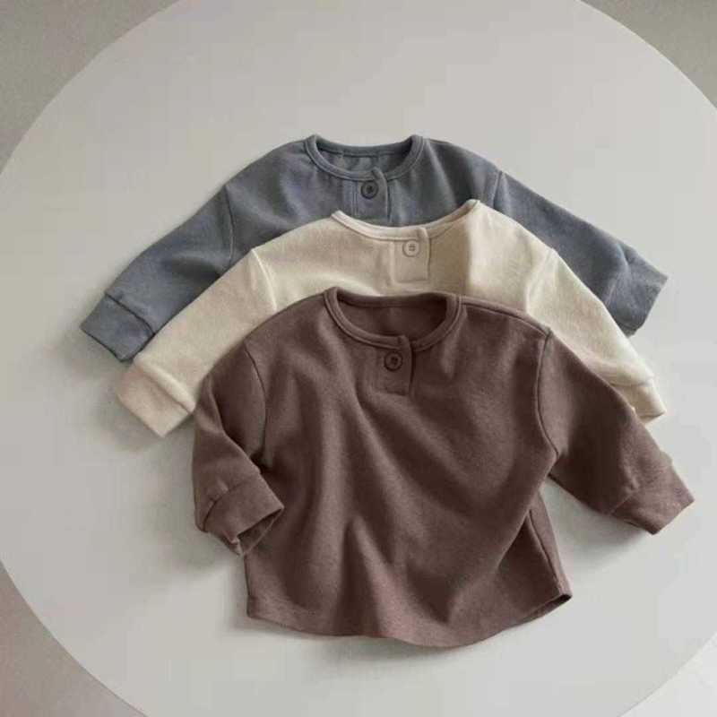T-shirts Boys' and girls' spring and autumn base shirt, stylish and trendy solid color children's long-sleeve T-shirt with buttons