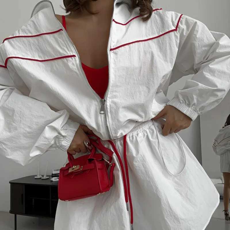 Summer casual womens loose suit long-sleeved zippered cardigan jacket drawstring wide-leg shorts sets womens clothing M260313