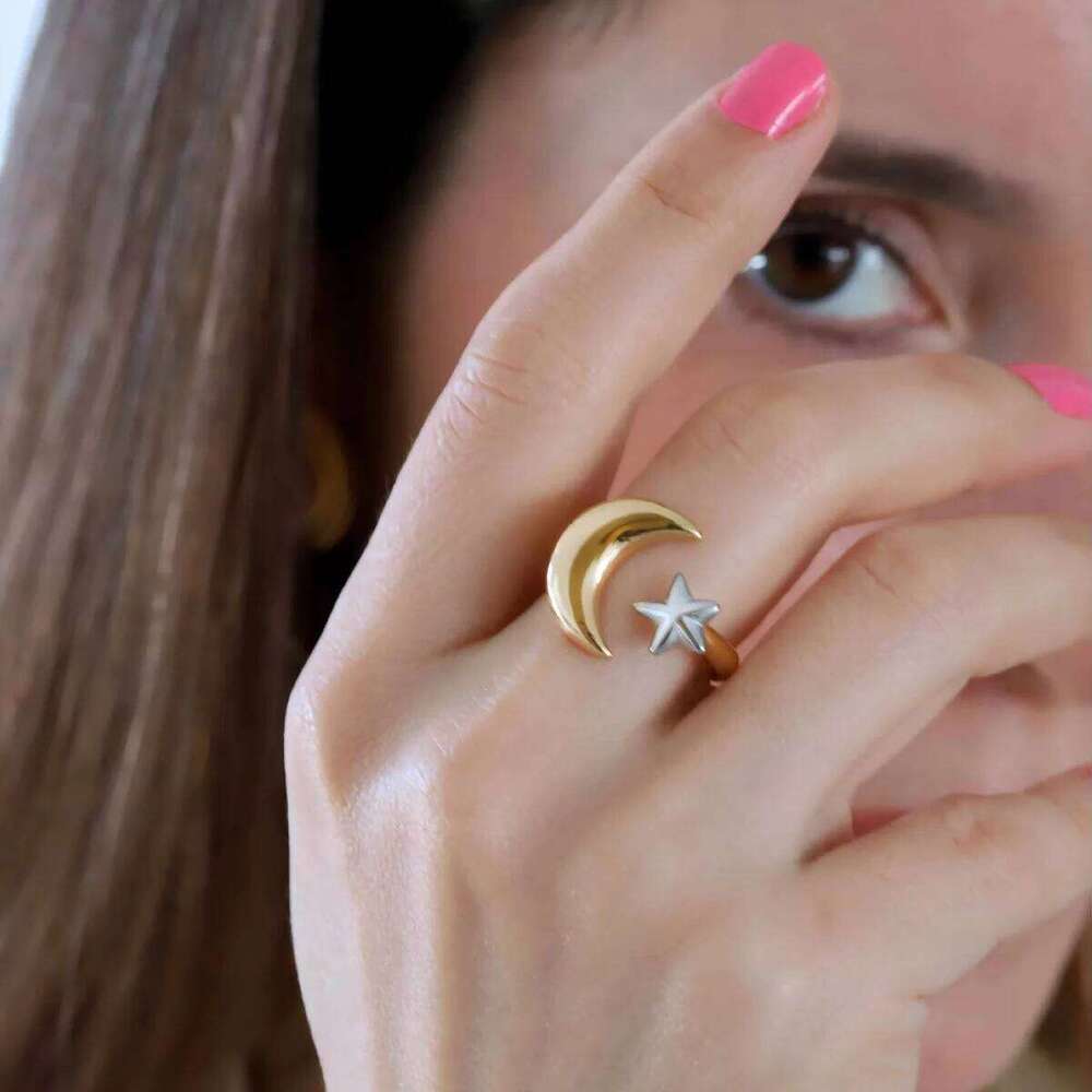 XIANING Minimalist Two Tone Star Moon Open 18K Gold Color Plated Stainless Steel Universe Ring Women's Jewelry Party Gift H260312