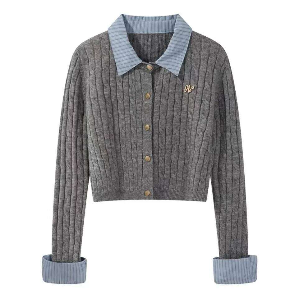Grey Fake two-piece spliced Polo collar Long sleeved Knitted Sweater For women Autumn Winter College style Short Outwear Top Z260313