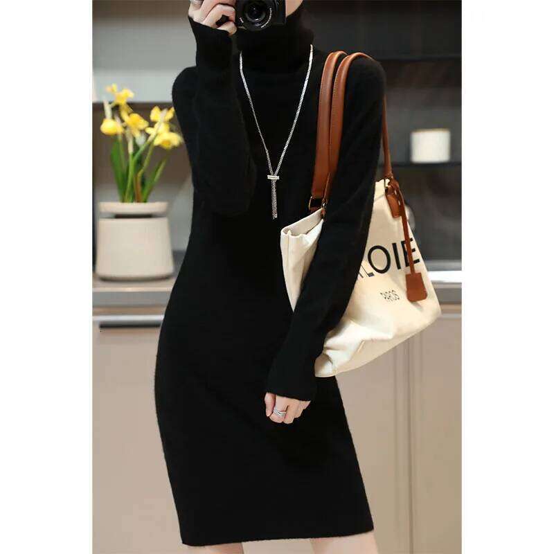 Elegant Cashmere Sweater Womens Dresses 100% Merino Wool Autumn Winter Turtleneck Knitted Dress Female Casual Long-Sleeve Skirts Z260314