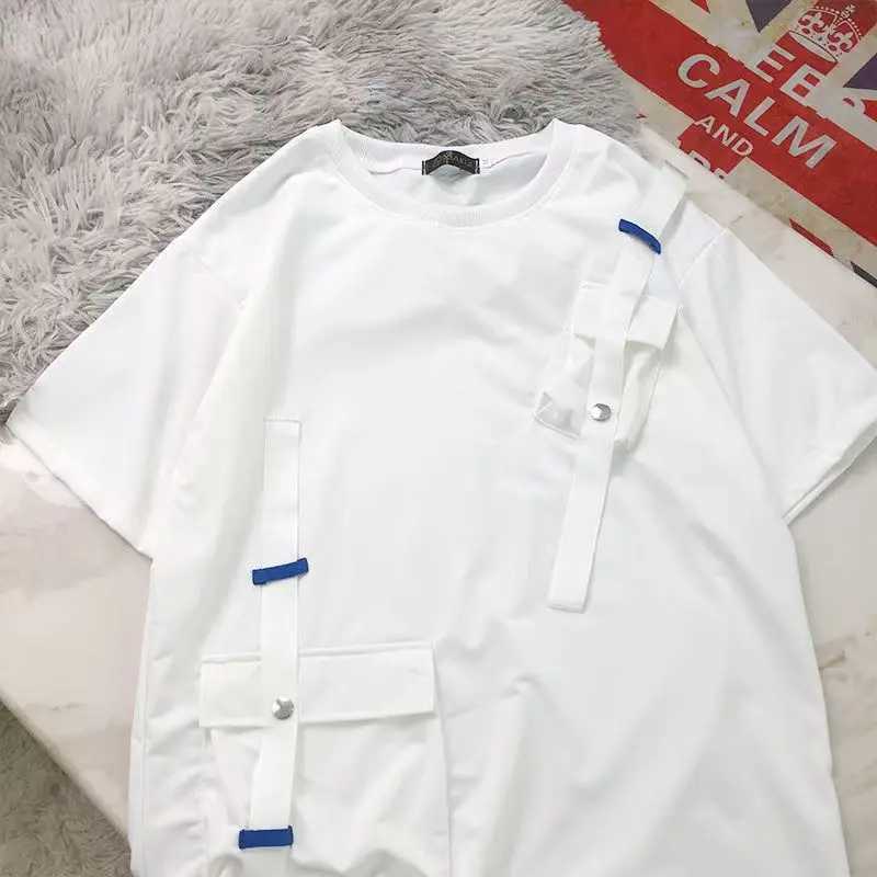 Japanese Function Summer Short-sleeved T-shirt Workwear Men Loose Casual Trend Fashion Drop Shoulder Personality Pockets Tops D260313