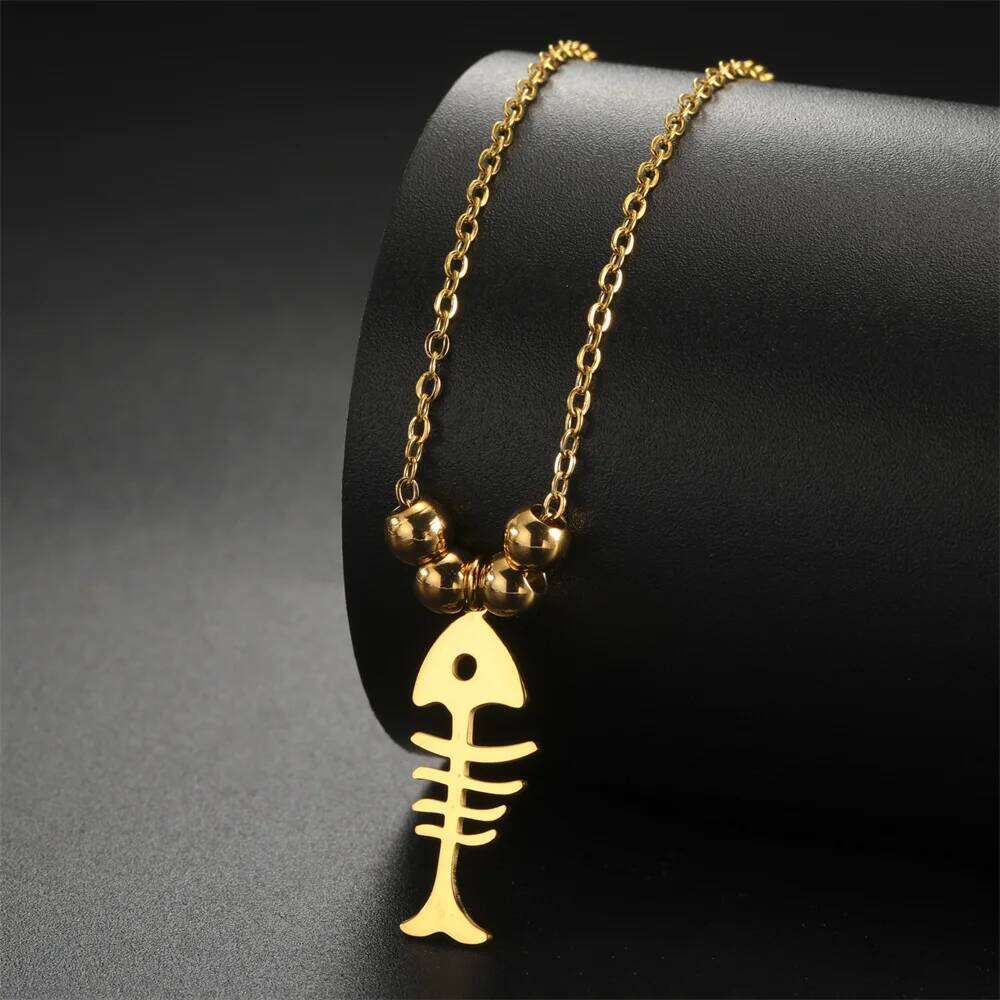 My Shape Cat and Fish Bones Pendant Necklaces for Women Girls Kitten Animals Charms Neck Chain Choker Stainless Steel Jewelry H260312
