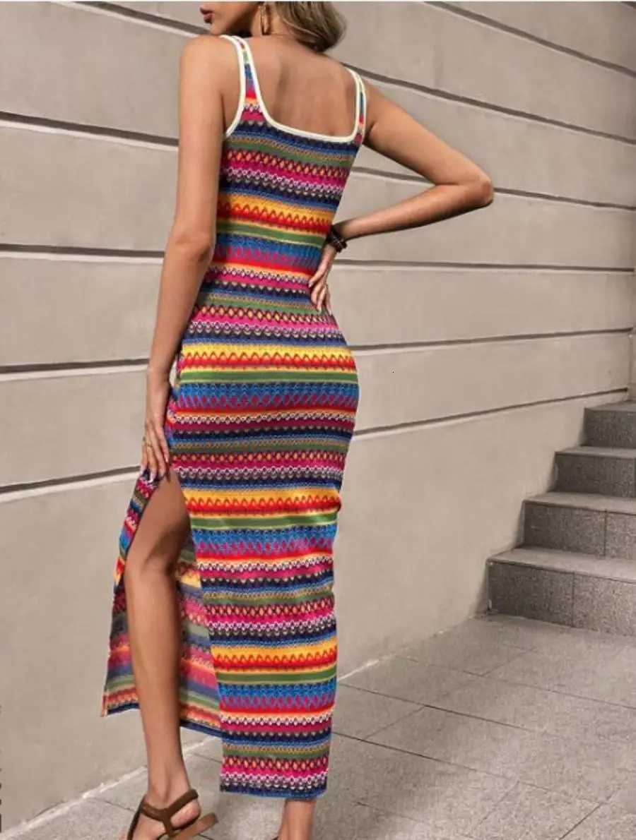 Spring new European and American womens personality street fashion casual stripes sleeveless square collar dress womenT260314