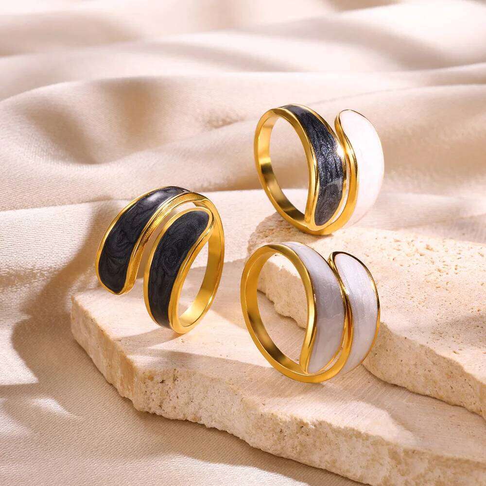 Stainless Steel Black and White with Enamel Simple Double Layer Oil Dripping Adjustable Open Finger Ring for Women No Fade H260312