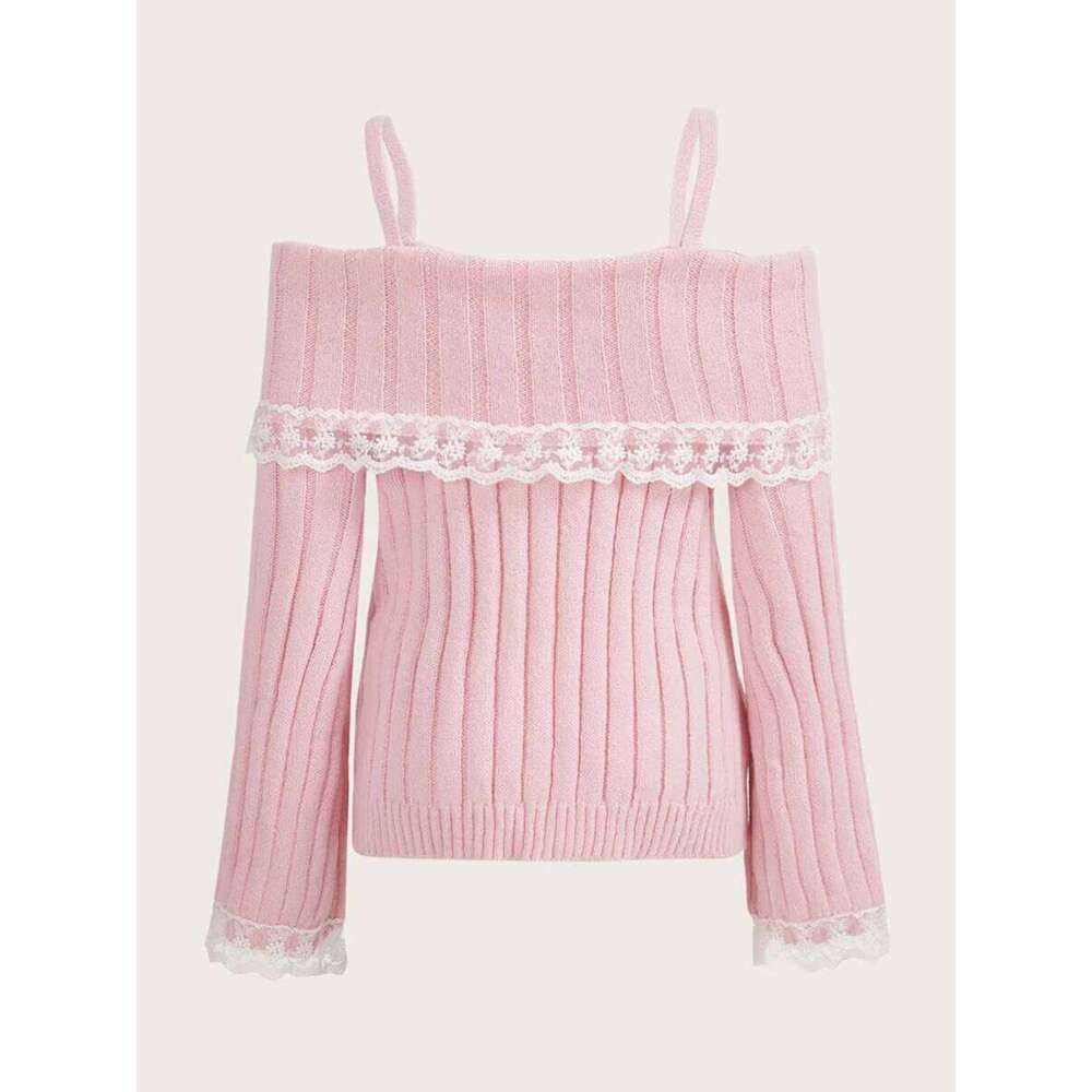 Women Long Sleeve Contrast Lace Knit Pullovers Autumn Winter Cold Shoulder Sweaters Bow Front Jumper Tops Beige/Pink Z260313
