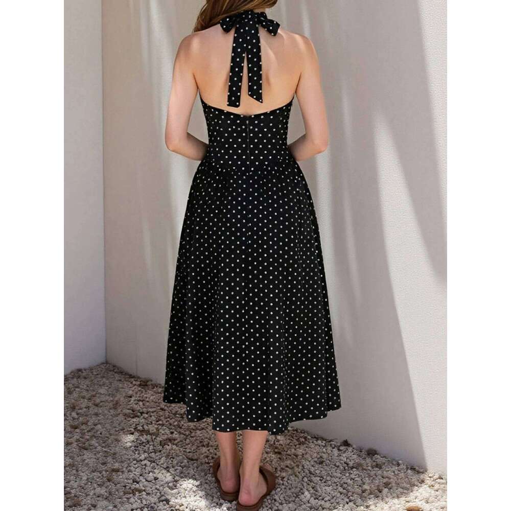 Women Halter Neck Dress Sleeveless Solid Color/Dot Print Summer Elegant A Line Dresses Z260314