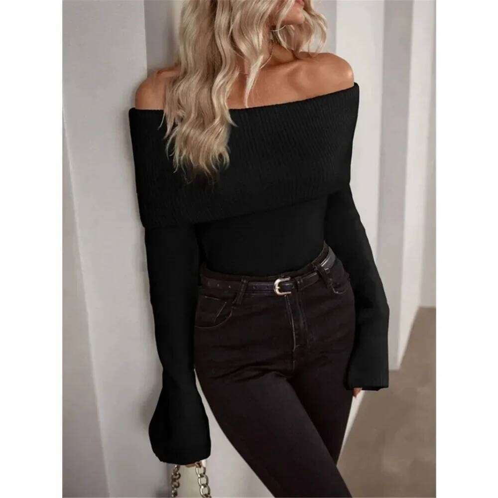 Women's Sweater with A One Neck Slim Fit, Fashionable and Sexy Knitted Long Sleeved Autumn Collection Z260313