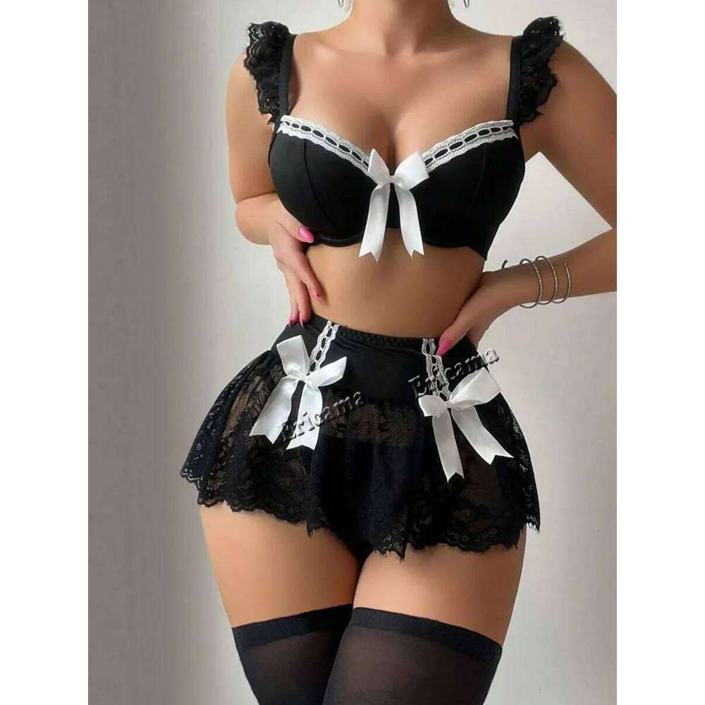 Women'S Solid Underwear French Apron Dress Bow Thigh Ring Maid Lace Patchwork Set Cosplay Lolita Sexy Lingerie