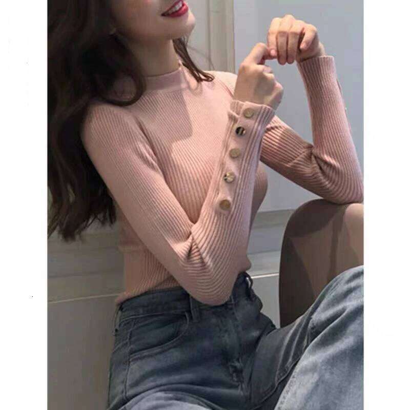 Ribbed Knit Gold Button Top for Women Long Sleeve Mock Neck Sweater Pullover Plain Jumper Fall Winter Basic Knitwear Outfit Z260314