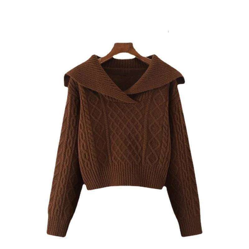 Women Casual Knit Pullover Korean Fashion Solid Long Sleeve Wide Collar Fall Winter Collection Elegant Chic Plaid Sweater Z260314