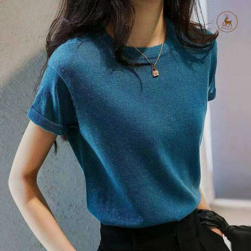 Bright Knitted Women Ice Silk Short-sleeved Thin Fashionable and Versatile Loose Top Temperament Pullover Z260314