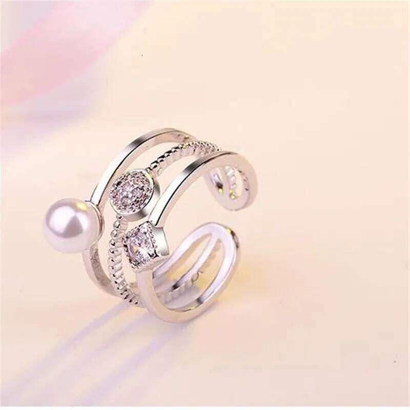 925 Sterling Silver For Women Trendy Multi-layer Pearl Mosaic Cz Zirconia Resizable Rings Bague Femme S-r217 H260312