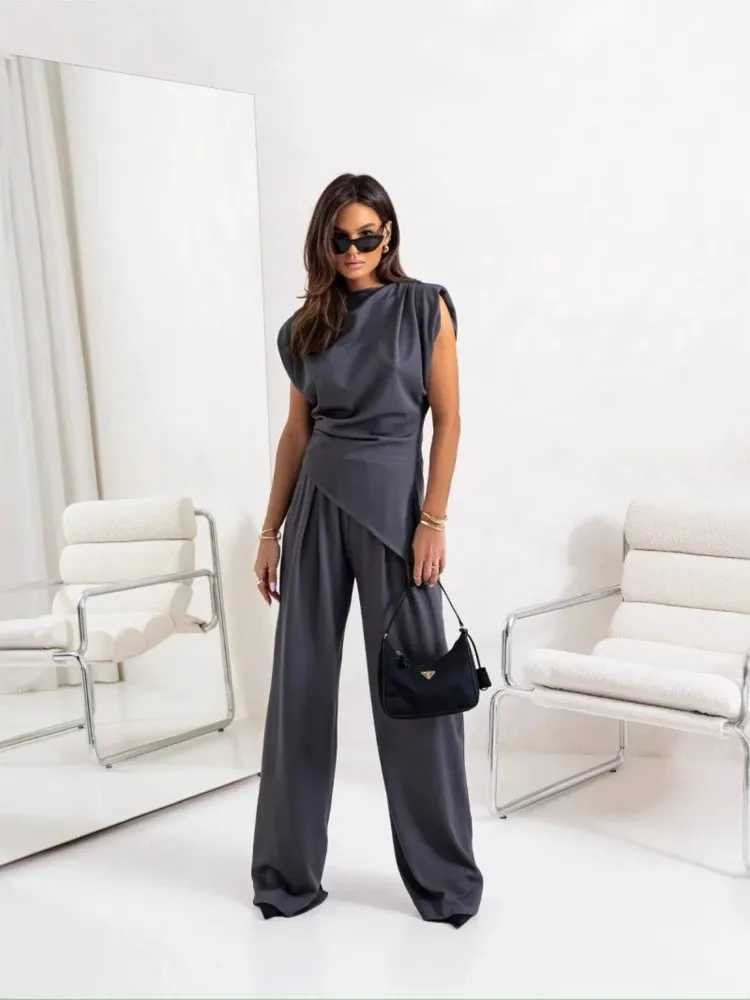 Summer Fashion Solid Two Piece Sets For Women Elegant Slim Office Suit Casual Irregular Top Wide Leg Trousers Female Pants Sets M260313