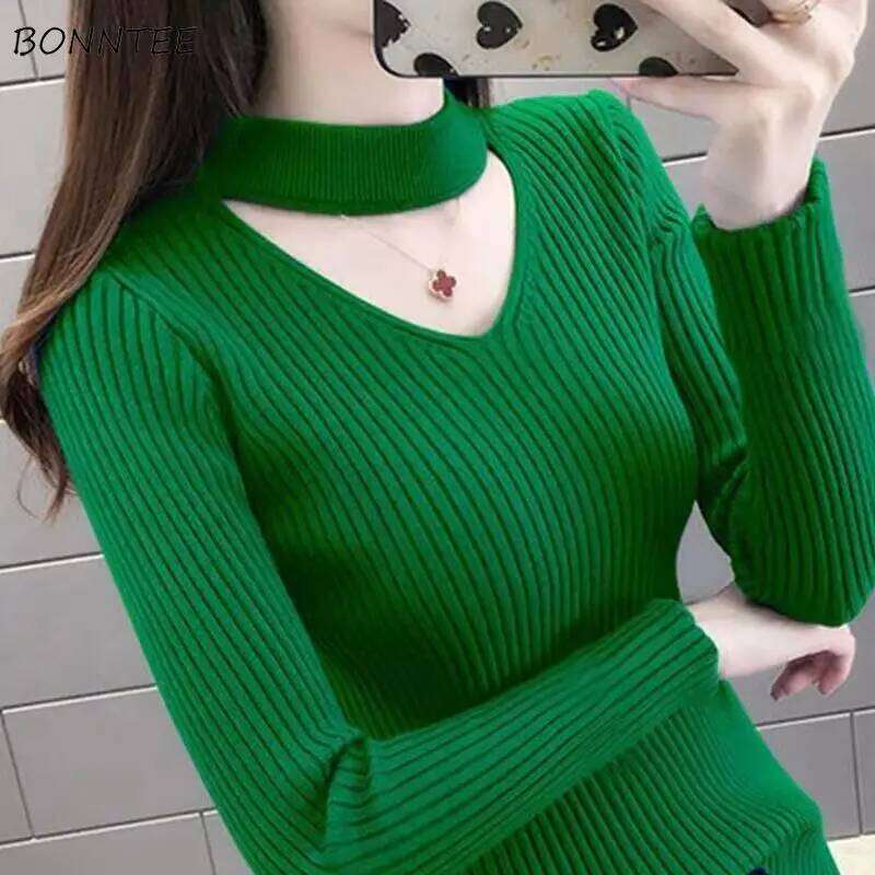 Sweaters Pullovers Women Hollow Out V-neck European Style 7 Colors Spring Autumn Knitwear Temper Elegant for Ladies Basic Slim Z260313