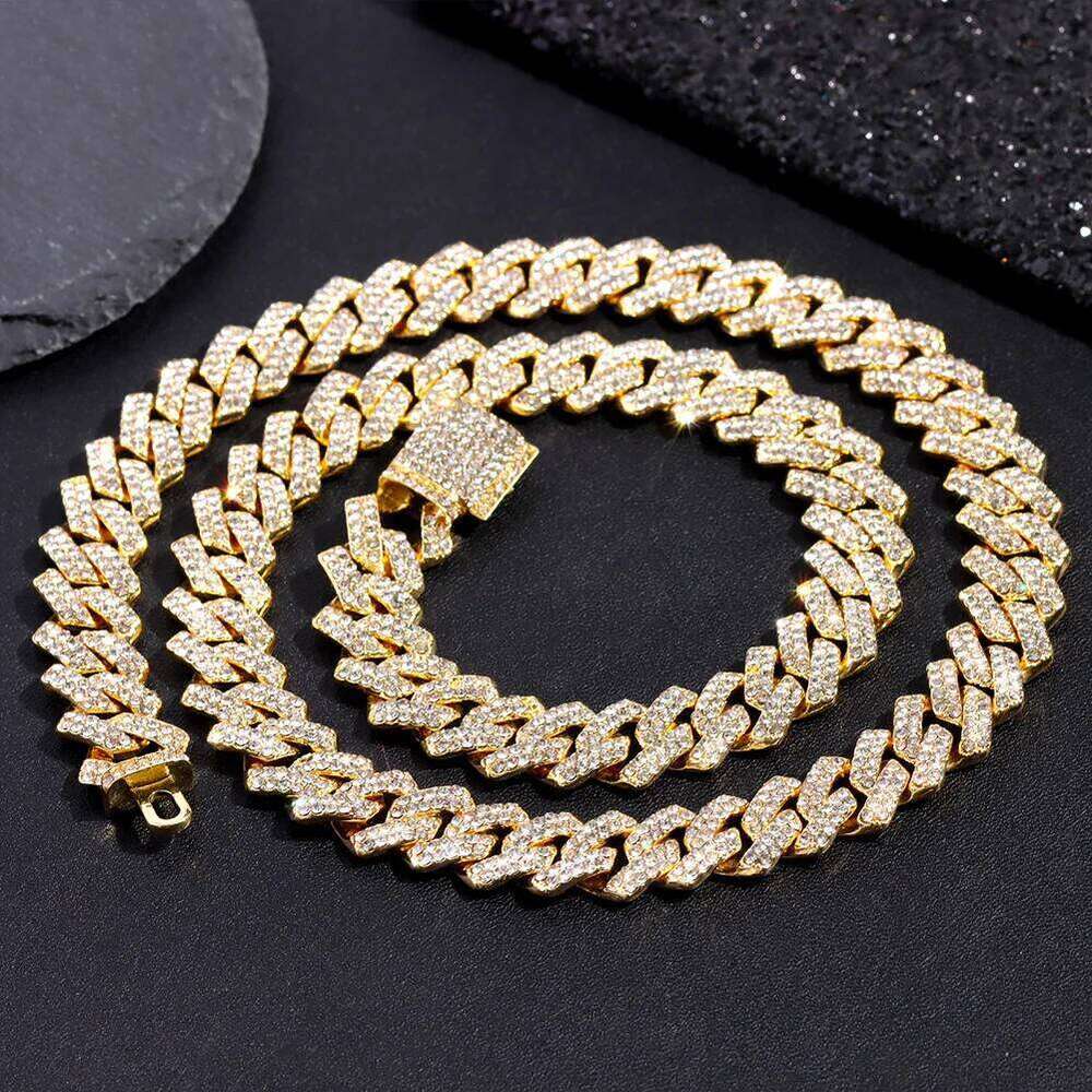 16/18/20/22/24inch Gold Color Link Chain for Women Men 2 Row Rhinestone Rhombus Prong Cuban Necklaces Hip Hop Jewelry H260312