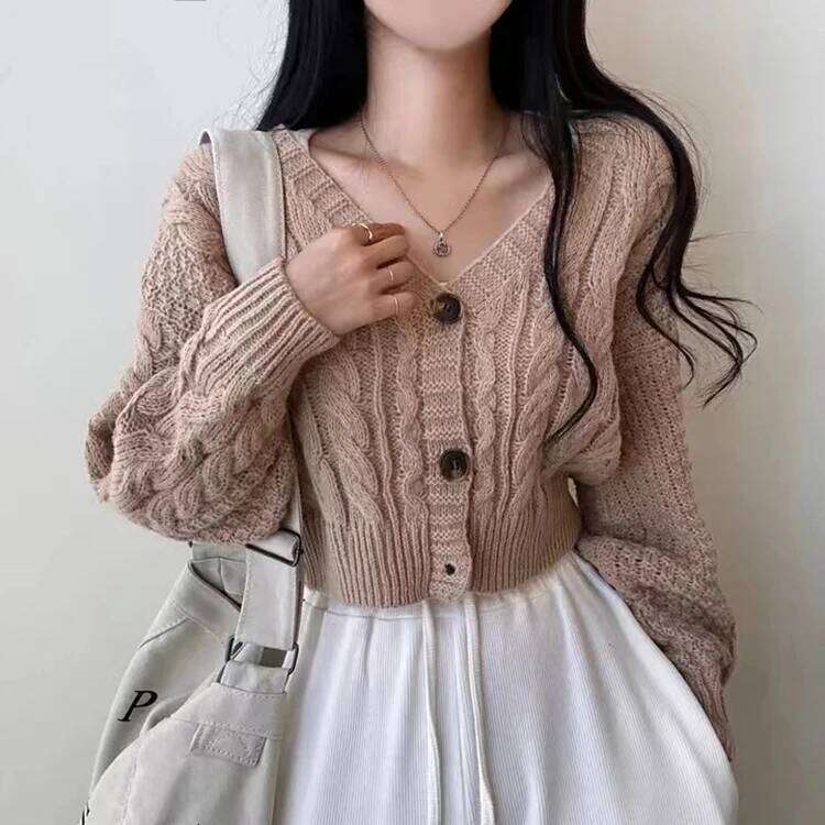 Cable Knit Cardigan for Women Long Sleeve Button-up Boxy-fit Crop Sweater Jacket Teen-girl Fall Winter Y2K Outfit Z260313