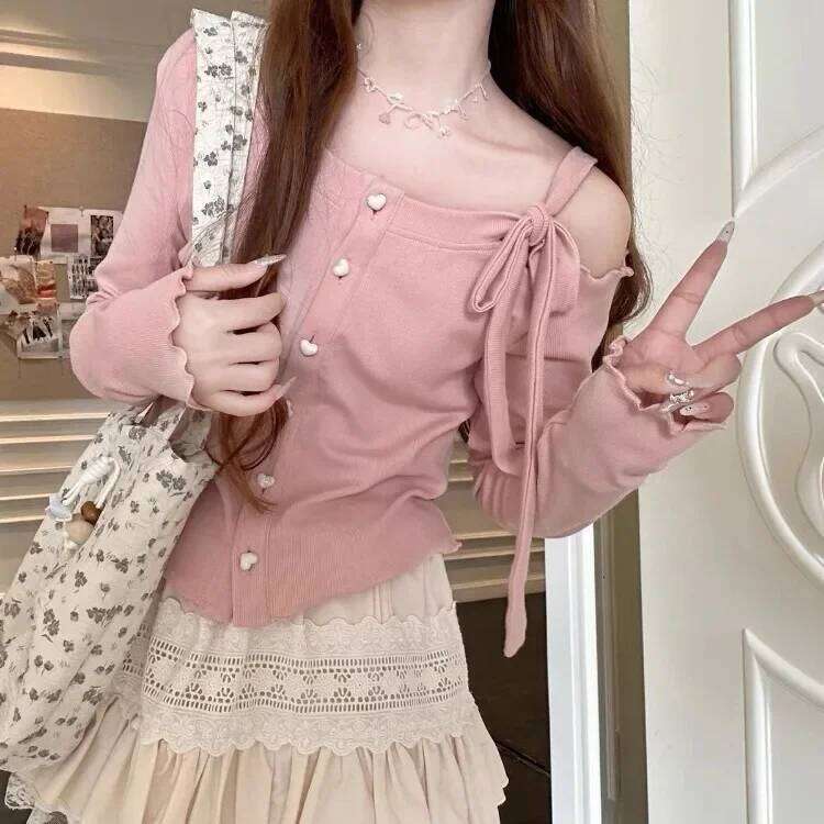 Fashion Sweet Off Shoulder Bow Lace Up Sweaters 2025 New Slim Fit Pink Tops Women Y2k Grunge Long Sleeve Cardigan Mujer Z260313