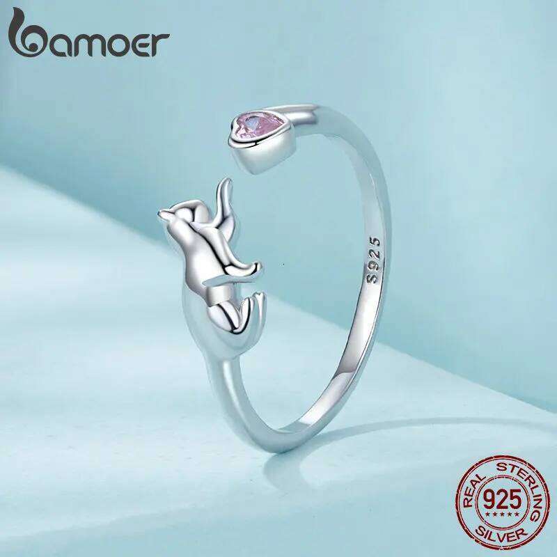 BAMOER 925 Sterling Silver Cute Cat Women, ly Animals Open Statement Ring Jewelry Gift for Pet r H260312