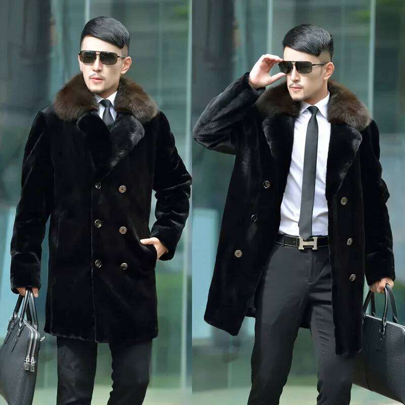 Suit Collar Double-breasted Faux Men Luxury Brand Winter Thick Warm Fur Slim Korean Trench Coat Long Sleeve New Z260313
