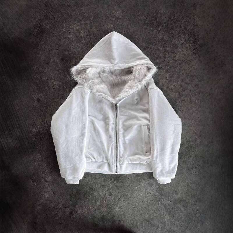 Hooded Fur Jackets Zipper Solid Double-sided Wear Black Short Plush Coats Warm Thick Faux Rabbit Furry Jacket Fluffy Casual Z260313