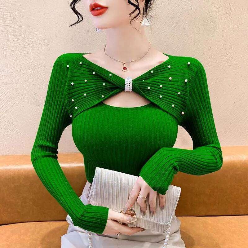 Temperament Versatile Commuter Bead Bow Sweater Pullover Slim Fit Women's 2024 New Autumn Trendy Long Sleeve Chic Top Z260313