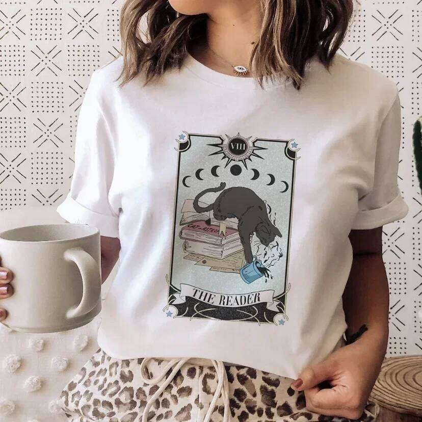 Books Cats Tarot Vintage Tee Fashion T-shirts New Women Summer Tshirt Top Lady Print Female Clothes Short Sleeve Graphic T-Shirt Z260314