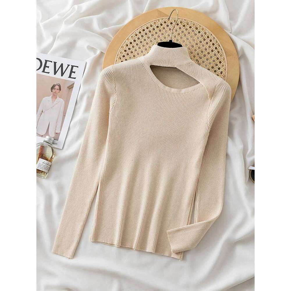 Skew Hollow-out Pullovers for Women Long Sleeve Half High Collar Knitted Sweater Female Korean Solid Jumper Pull Femme Sweaters Z260313