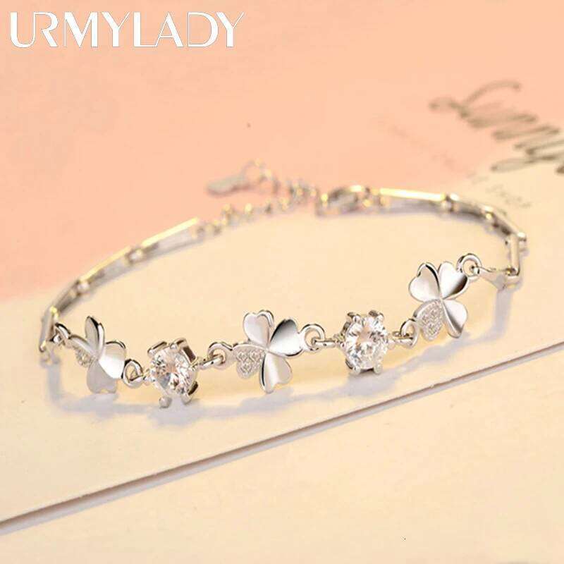 hot sale 925 Sterling Silver Zircon Lucky Clover Bracelets crystals chain For Women Valentines Gift Wedding party Jewelry Z260313