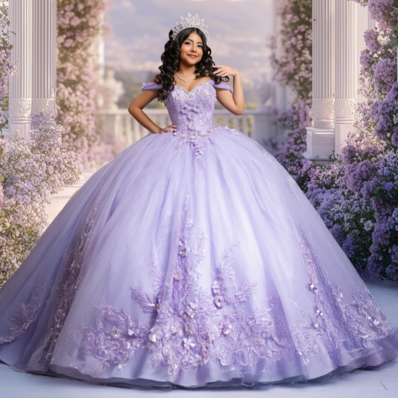 Lavender Shiny Ball Gown Quinceanera Dresses 2026 Applique Flower Beading Tull Off Shoulder Sweet 16 Dress Years Vestidos 15 De XV Anos
