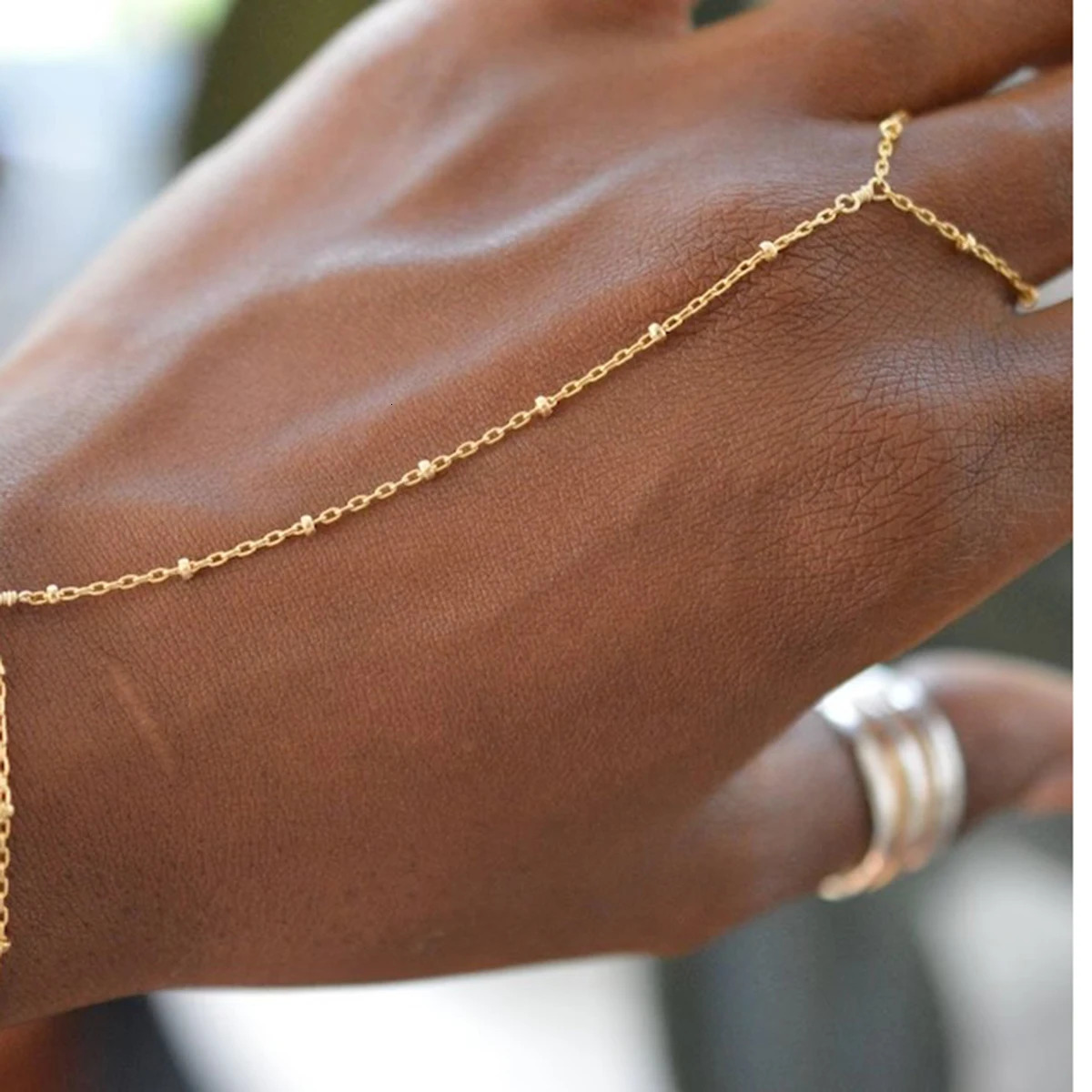 Youthway Pattern Stainless Steel Rice Bead Chain Ring Bracelet 18K Gold Plated Fashion Jewelry for Women Gift 260313